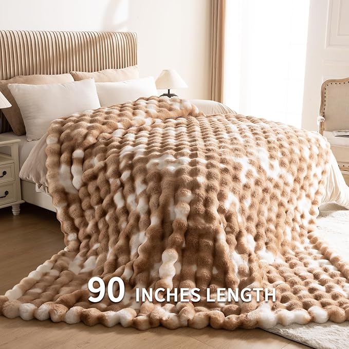 Cozy Faux Fur Throw Blanket for Bed-Warm Fuzzy Throw Blanket, Soft Plush Thick Bubble Blankets for Bedroom and Living Room, Furry Luxury Blanket, 90 x 90, Tie-Dye Brown