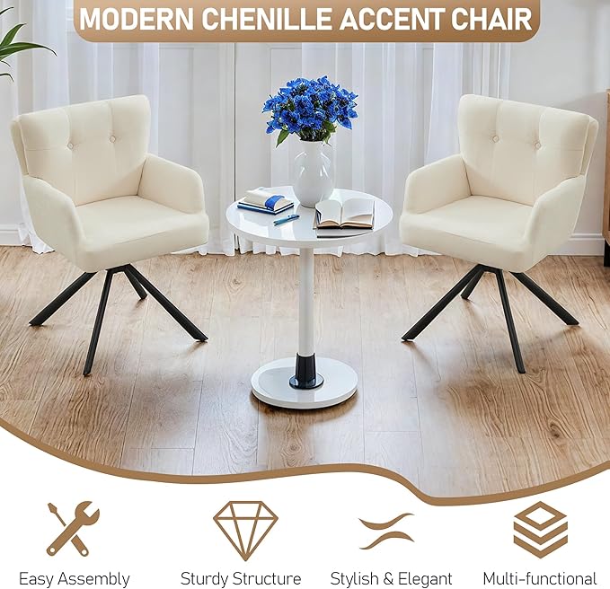 Fabric Dining Chair Set of 2 Modern Upholstered Swivel Dining Room Chairs Comfy Accent Armchair with Mid Back, Desk Arm Chair No Wheels for Kitchen/Living Room/Dining Room, White