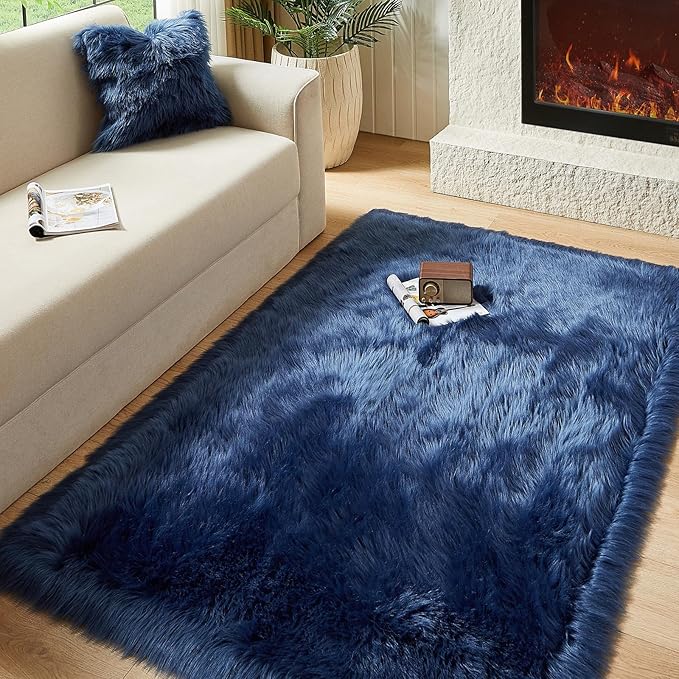 AMTOVO Faux Fur Sheepskin Rug for Living Room, 4 x 6 ft Dark Blue Fluffy Area Rug for Bedroom, Playroom, Luxury Room Decor, Rectangle