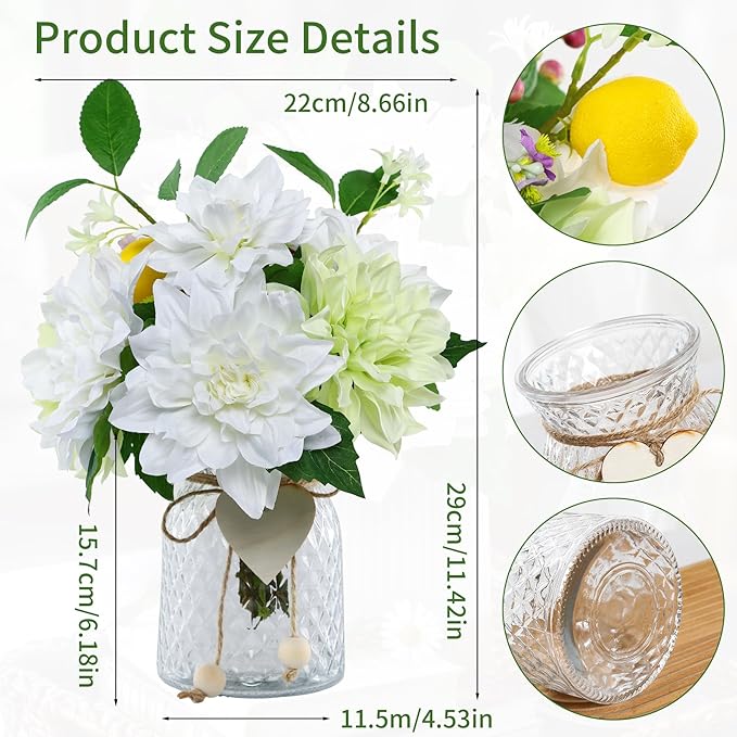 Fake Flower with Vase,White Silk Dahlia Artificial Flowers in Clear Glass Vase for Home Bathroom Office Desk Party Centerpiece Coffee Table Decor