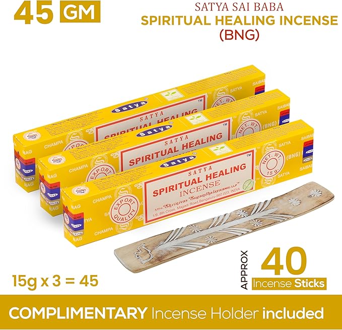 Satya Spiritual Healing Incense Sticks, Satya Bng (Bangalore) Insenses 15gmx3 Pack with Raajsee Incense Holder Bundle, Satya Nagchampa Natural Incense
