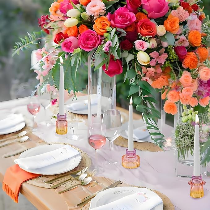 Double Sided Vintage Ribbed Taper Glass Candle Holders,Tea Candle Holder for Table Centerpieces, Wedding Decorations and Dinner Parties (Purple-Pink-Yellow, 3 PCS)