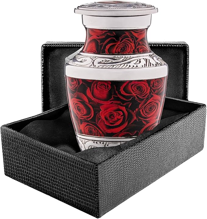Olivia Memorials Small Urns for Human Ashes Adult Female - Red Roses Decorative Mini Urns - Cremation Keepsakes with Velvet Box - Flowers Memorial Urn with Roses and Ash Storage