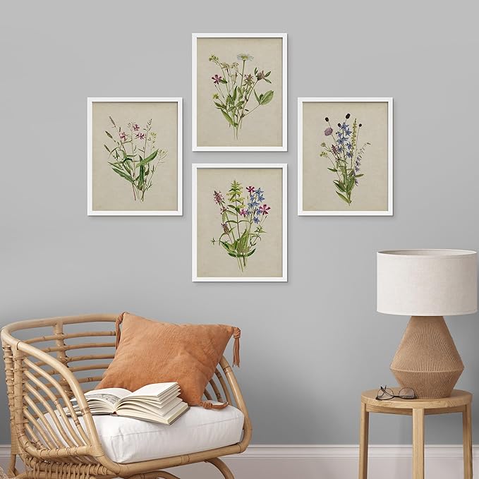 SIGNWIN Framed Watercolor Floral Botanical Wall Art, Set of 4 Vintage Wall Decor Prints, Minimalist Wall Décor for Living Room, Bedroom - 8"x10" White