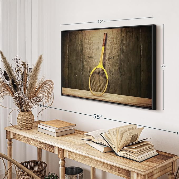 ElephantStock Vintage Tennis Racket Wall Art - Horizontal Framed Canvas - 1-Piece Living Room Wall Decor - Photography Sports Canvas Print - Brown and Black Decor for Wall - 40" X 27"
