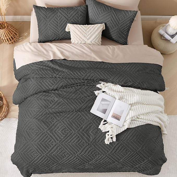 Andency Dark Grey Comforter Set Queen, Gray Lightweight Fluffy Bedding Comforter Sets for Queen Bed, 3 Pieces Tufted Farmhouse Shabby Chic Bed Set for All Seasons (1 Comforter 90x90In, 2 Pillowcases)