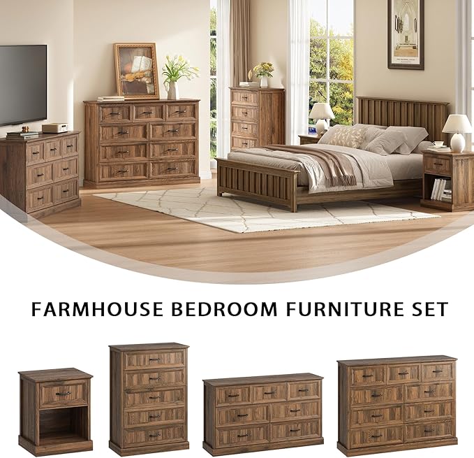 CARPETNAL 20" Farmhouse Nightstand Set of 2, End Table with Large Drawers & Open Storage, Side Table, Bedside Table for Bedroom, Living Room, Walnut