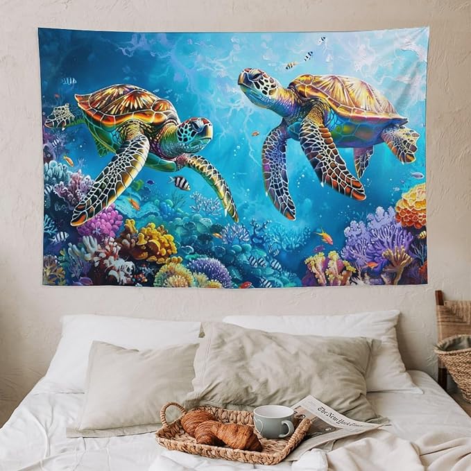 Sea Turtle Tapestry Ocean Tapestries Fabric Wall Hanging Aesthetic Space Coastal Indoor Outdoor Wall Art Tablecloth Bedspread Decoration for Bedroom Dormitory Living Room Home Decor 40"x60"