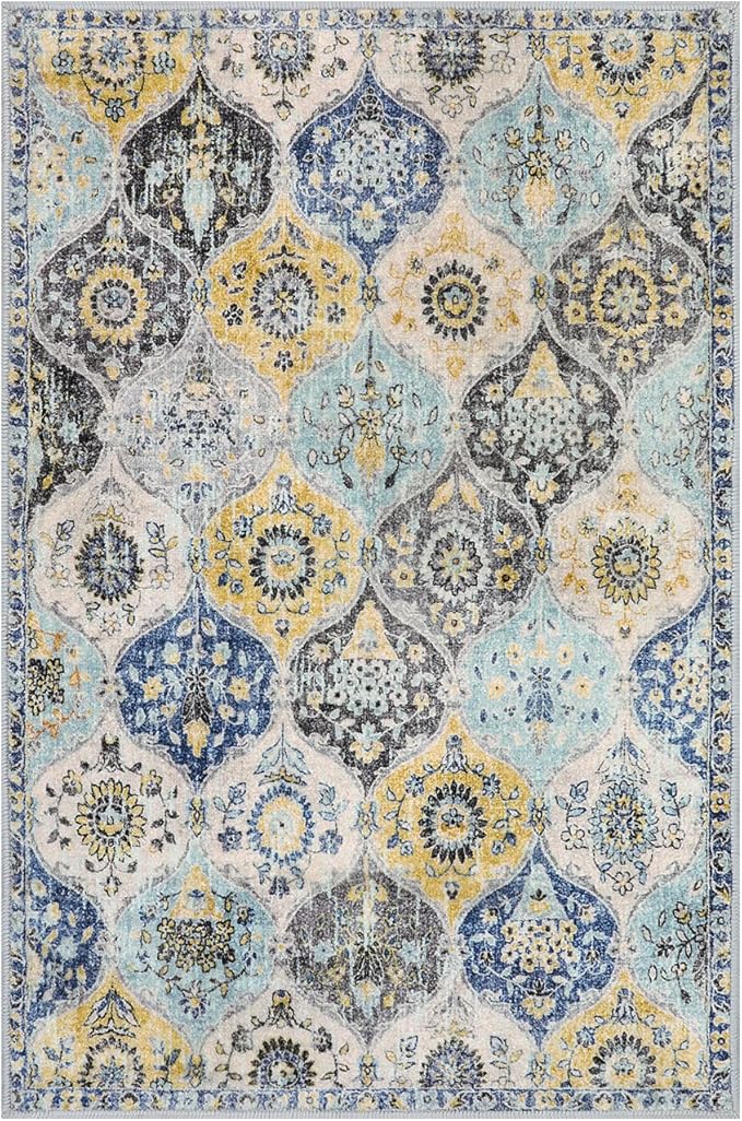 Lahome Moroccan Trellis Kitchen Rugs Non Slip Washable, 2x3 Rugs for Entryway Bathroom, Non-Slip Indoor Door Mat Ultra-Thin, Small Oriental Throw Carpet for Bedroom Entry, Yellow/Aqua