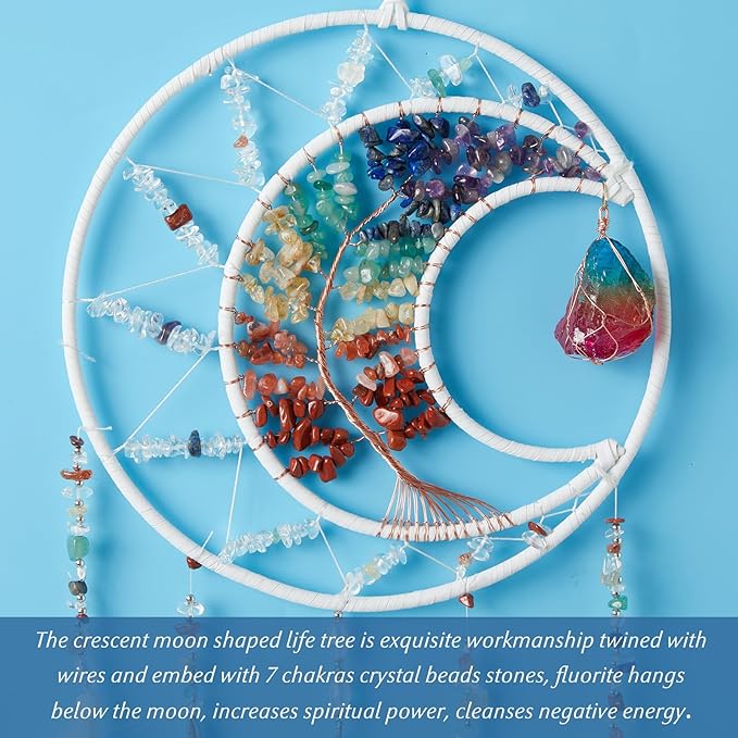 7 Chakras Dream Catchers Tree of Life Dream Catcher White Feather Dreamcatcher Wall Decor with Healing Crystal Stone & Fluorite Wall Art Hanging for Bedroom Home Decor Bless Gift Wedding Garden