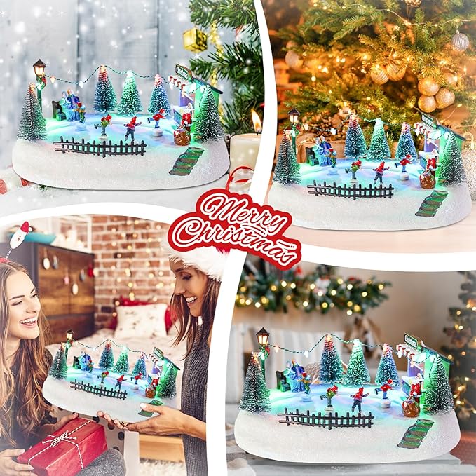 VCUTEKA Christmas Village Houses, Santa Claus with Tree and Rotating Kids Skating Lighted Musical Christmas Village Collectible Building for Xmas Indoor Decorations or Holiday Table Displays