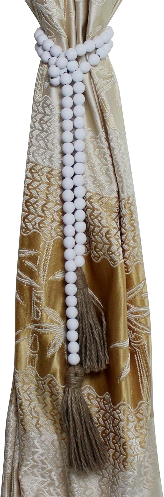CVHOMEDECO. Wood Beads Garland with Tassels Farmhouse Rustic Wooden Prayer Bead String Wall Hanging Accent for Home Festival Decor. White