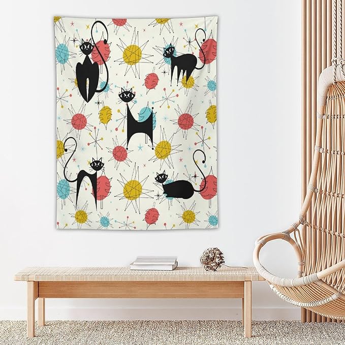 ICMOLYYENLO Abstract Cat Tapestry, Medieval Abstract Atomic Star Cat Vintage Home Wall Hanging Art Tapestry for Bedroom Living Room Dormitory 30x40 Inch