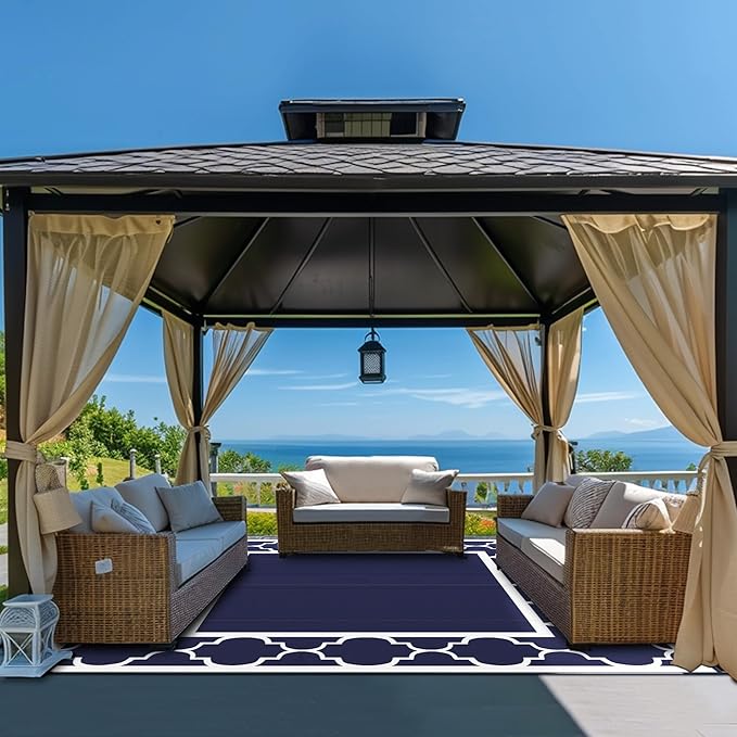 GENIMO 10 ' x 10 ' Outdoor Rug Waterproof for Patio Decor, Foldable Reversible Plastic Straw Area Rugs Mat for Camper, Outside Carpet for Rv, Deck, Porch, Picnic, Beach, Balcony, Blue & White