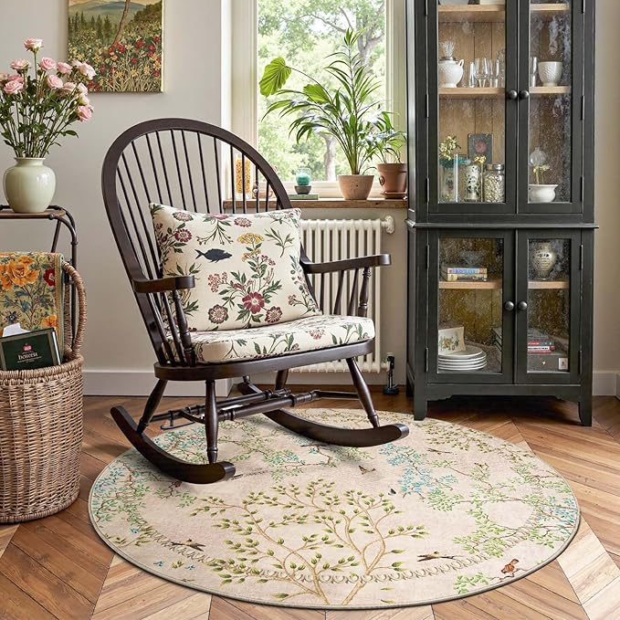 jinchan Round Rugs 6ft Beige Botanical Birds Print Machine Washable 6' Circle Nature Plants Modern Soft Non Slip Kids Throw Area Rugs Ultra Thin Low Pile Carpet for Living Room Bedroom Dining Room