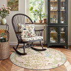 jinchan Round Rugs 5ft Beige Botanical Birds Print Machine Washable 5' Circle Nature Plants Modern Soft Non Slip Throw Area Rugs Ultra Thin Low Pile Carpet for Bedroom Kitchen Living Room