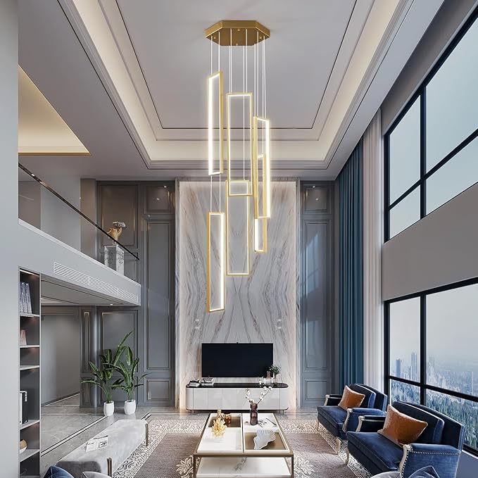 Modern Kitchen Island Dimmable Pendant Light Fixture Gold 108W LED Pendant Lights 6 Rings Rectangular Chandelier Staircase Large Chandelier Lobby Living Room Foyer High Ceiling Chandeliers