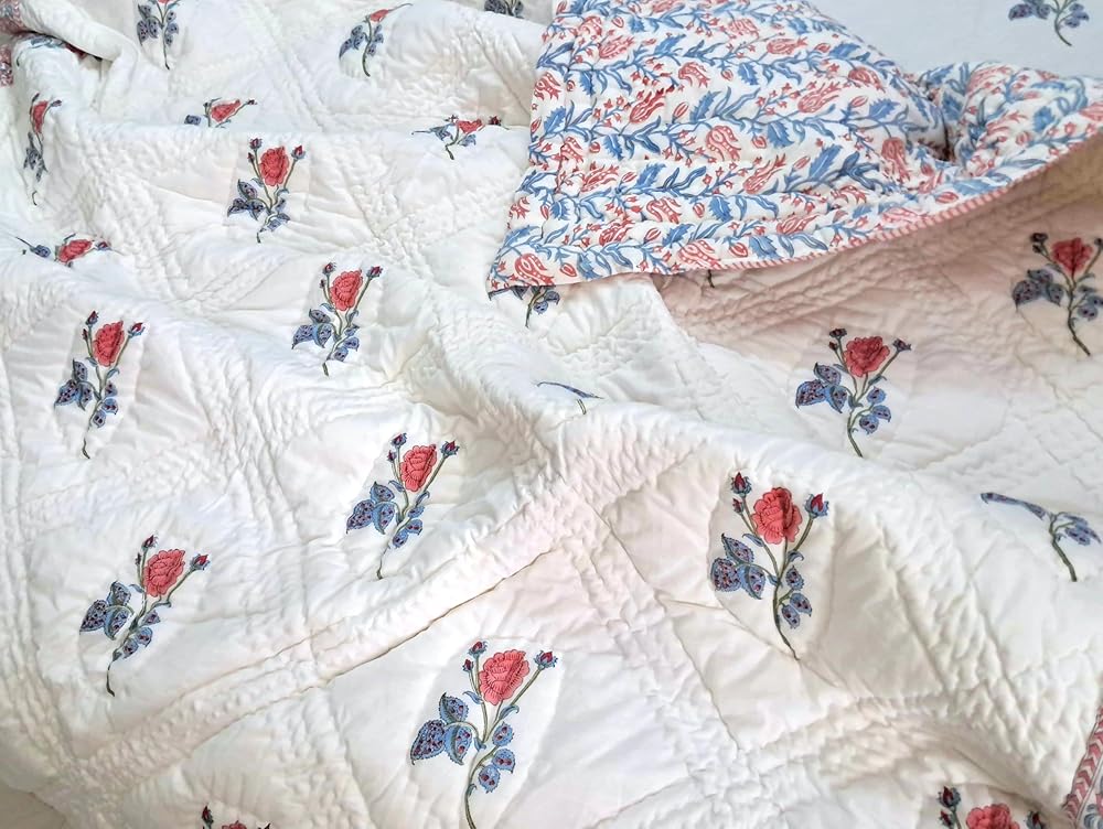 Twin Size Rose Pink Cotton Throw Blanket – 60x90 Hand Block Printed Lightweight Quilt – Soft Bedspread for Couch, Sofa & Bed – Cozy All-Season Boho Floral Blanket – Handmade in India