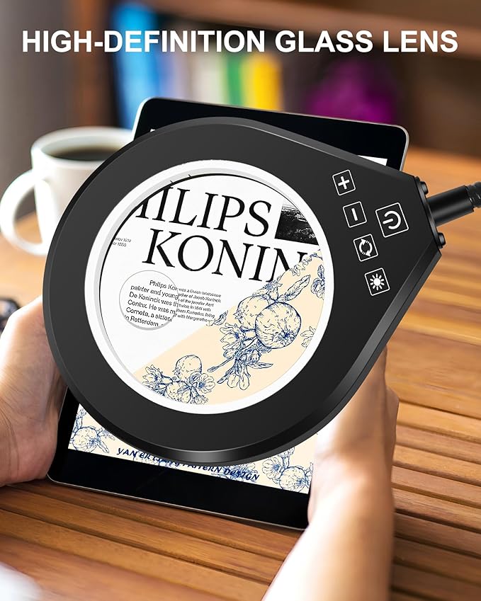 Flexible Gooseneck 2-in-1 Magnifying Glass with Light and Stand,10x & 5x Real Glass Lens Magnifying Lamp, 5 Color Stepless Hands-Free LED Desk Lamp with Clamp for Painting, Crafts, Reading (White)