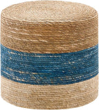 Wimarsbon 18'' Ottoman Pouf, Natural Braided Poof, Rustic Handweave Lounge Pouffe, Boho Footrest Stool for Bedroom, Accent Table for Living Room (18inch Natural Cattail + Blue Corn Husk)