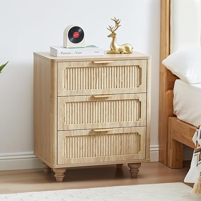 Fluted Nightstand Set 2 22.9'' Wood Nightstands with Drawers Bedside Table Set of 2 Mid Century Drawer Dresser for Bedroom Living Room Natural