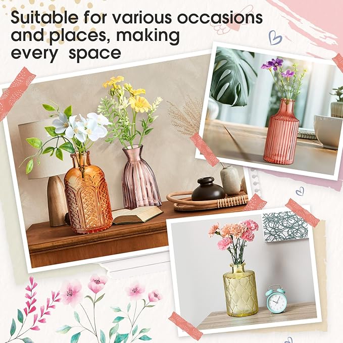 Yaomiao 30 Pcs Vases Bulk Colored Flower Glass Vases Bud Vintage Colored Glass Bottles Colorful Rustic Embossed for Home Wedding Table Decorations Gifts(Orange Yellow Series)