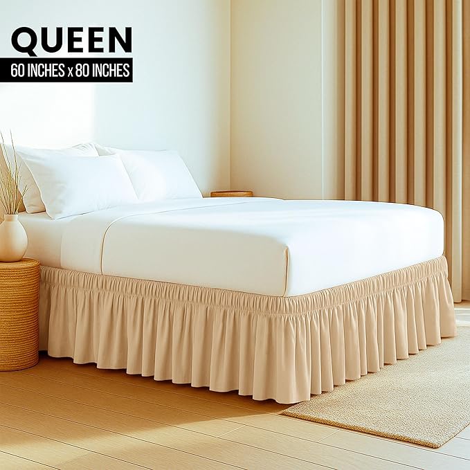 Utopia Bedding Queen Elastic Bed Ruffle - Easy Wrap Around Ruffle - Microfiber Bed Skirt with Adjustable Elastic Belt 16 Inch Tailored Drop - Hotel Quality Bedskirt, Fade Resistant (Queen, Beige)