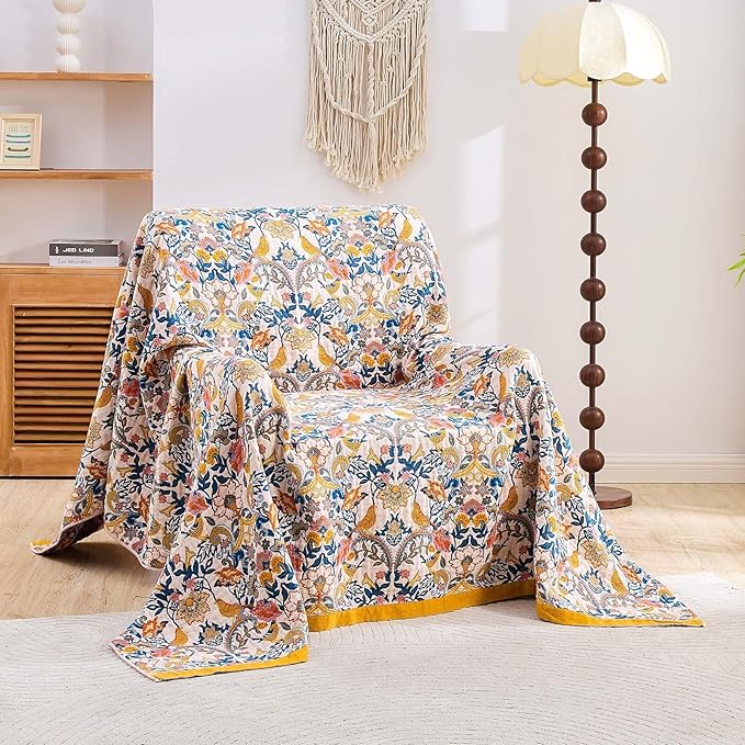 Boho Blanket Throw Quilt, 100% Cotton Soft Light Weight Throw Blankets for Summer, 90"x98" Farmhouse Flower Decorative Blankets, All Season Rustic Reversible Bohemian Throw Quilt