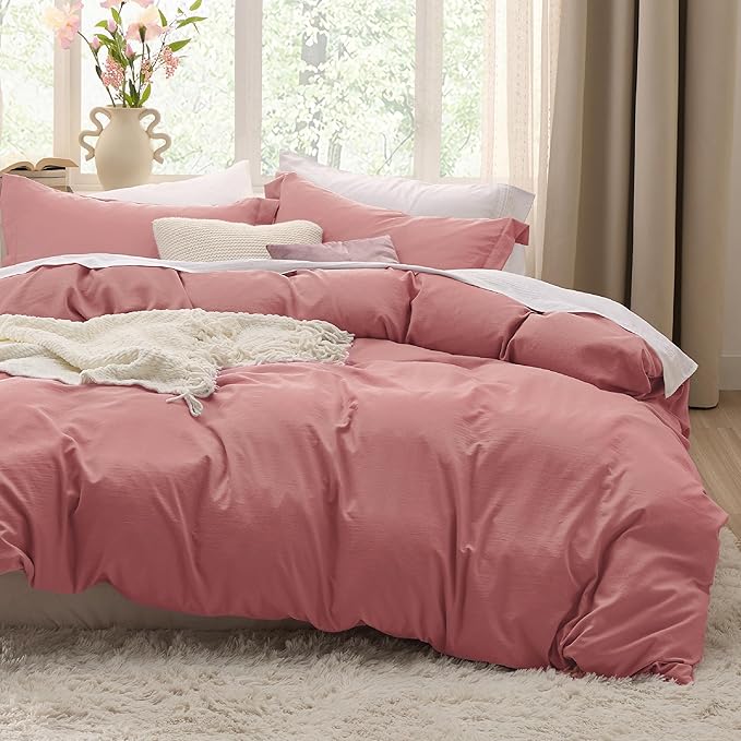 Bedsure Pink Clay Duvet Cover Full Size - 3 Pieces Prewashed Extra Soft Cotton-Like Bedding Set, Includes 1 Duvet Cover 80x90 Inches with Zipper Closure & 2 Pillow Shams, Comforter Not Included