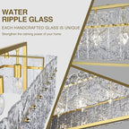 IKK Modern Rectangle Gold Crystal Chandeliers for Dining Room, 42" Large Rectangular Water Ripple Glass Island Light Fixture, Elegant Linear Lighting for Kitchen Island, Living Room, L42 x W11 x H12
