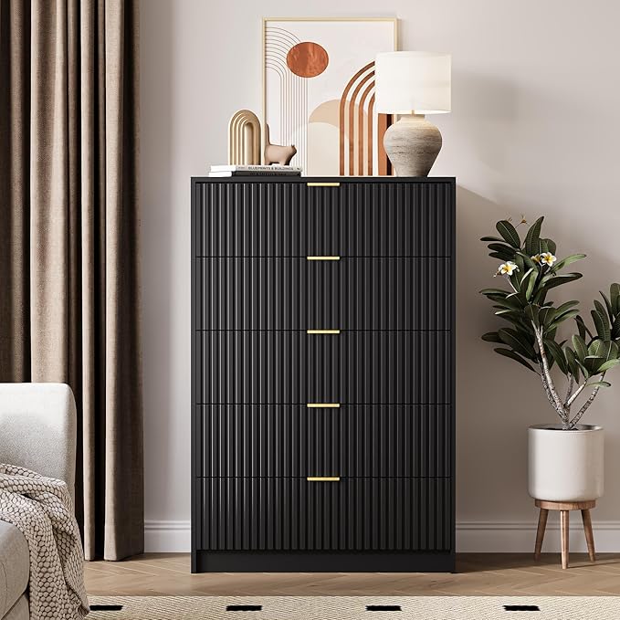 5 Drawer Dresser for Bedroom, Tall Dresser Chest of Drawers with Gold Handles, 32 Inch Wide Nightstand with for Bedroom, Living Rooms, Offices, and Entryways, Black