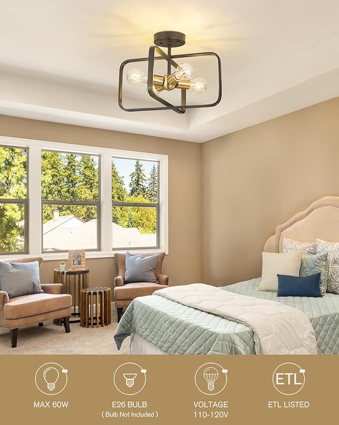 Emak Black and Gold Ceiling Light Fixture, Modern 16 Inch Semi Flush Mount Ceiling Lights with Metal Frame, 4 Light Fixtures Ceiling Mount for Hallway, Bedroom, Bathroom, Kitchen, FM084-BKBGD