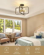 Emak Black and Gold Ceiling Light Fixture, Modern 16 Inch Semi Flush Mount Ceiling Lights with Metal Frame, 4 Light Fixtures Ceiling Mount for Hallway, Bedroom, Bathroom, Kitchen, FM084-BKBGD