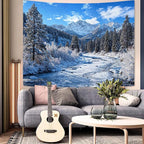 AMM Winter Forest Snow Mountain Tapestry Snowy Pine Tree Woodland Tapestry for Bedroom Aesthetic White Clouds Flowing River Landscape Tapestries Wall Hanging for Living Room Dorm Office 60 x 44 Inch