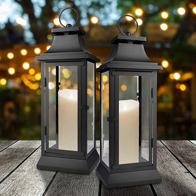 Serene Spaces Living Black Hurricane Lanterns with Clear Glass Panels, Perfect for Home Decor, Parties & Events, Table Top Or Hanging Lantern for Indoor & Outdoor, KIT - Small, Medium & Large