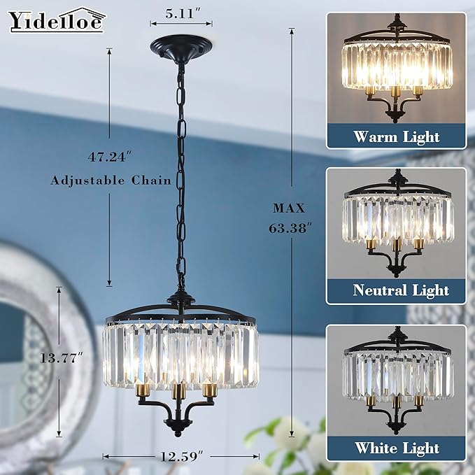 Modern Crystal Chandelier Dining Room Black Gold Farmhouse Glass Pendant Light Fixture 3 Light Adjustable Hanging for Kitchen Island Foyer Bedroom Living Room Hallway