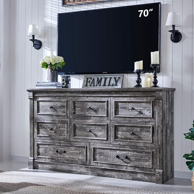 Farmhouse 8 Drawers Dresser for Bedroom, 61" Wide Large Dressers & Chests of Drawers w/Roman Column, Storage Dressers Organizer for Bedroom, Hallway, Living Room, Light Grey