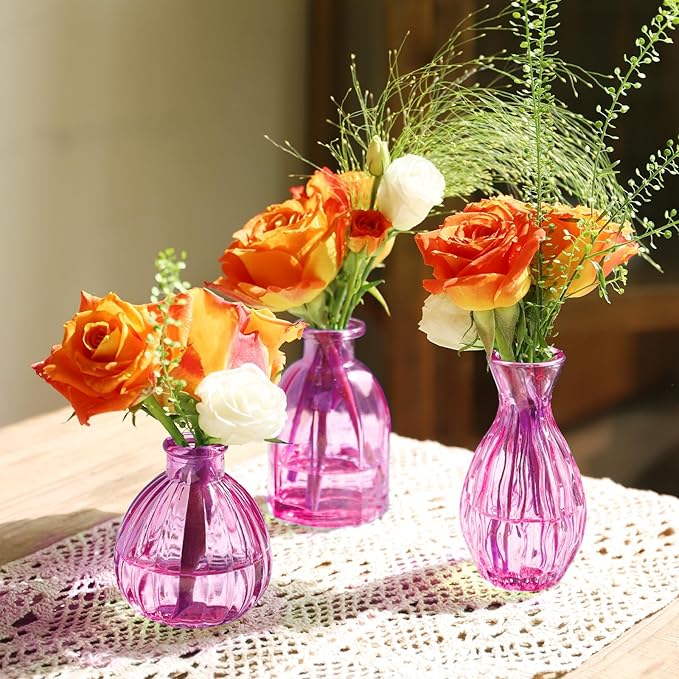 12PCS Hot Pink Vase for Flowers, Small Glass Bud Vases for Centerpieces Purple Flower Vase in Bulk for Home Office Decor