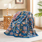 Fall Throw Blanket for Couch, Blue Boho Decorative Throw Blanket, 100% Cotton Muslin Breathable Woven Farmhouse Blankets Quilt, 80"x90" Reversible Lightweight Blankets Bohemian Throw Quilt