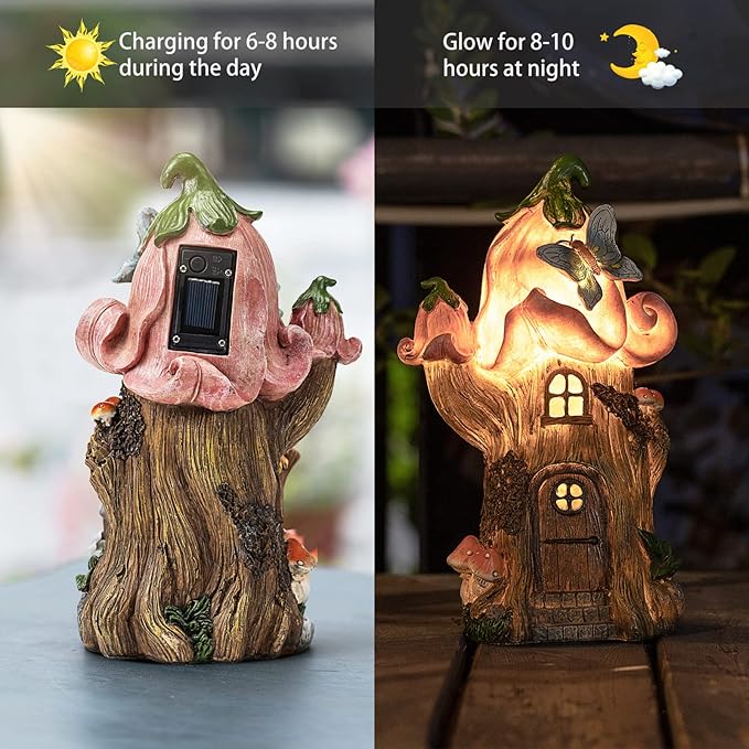 Fairy Garden Accessories Outdoor Statues, Mushroom House Decor,Large Gnome Solar Powered Lights Sculptures,Pink Resin Figurine Butterfly Figurines Lawn Ornaments for Patio Yard Decorations 11Inch