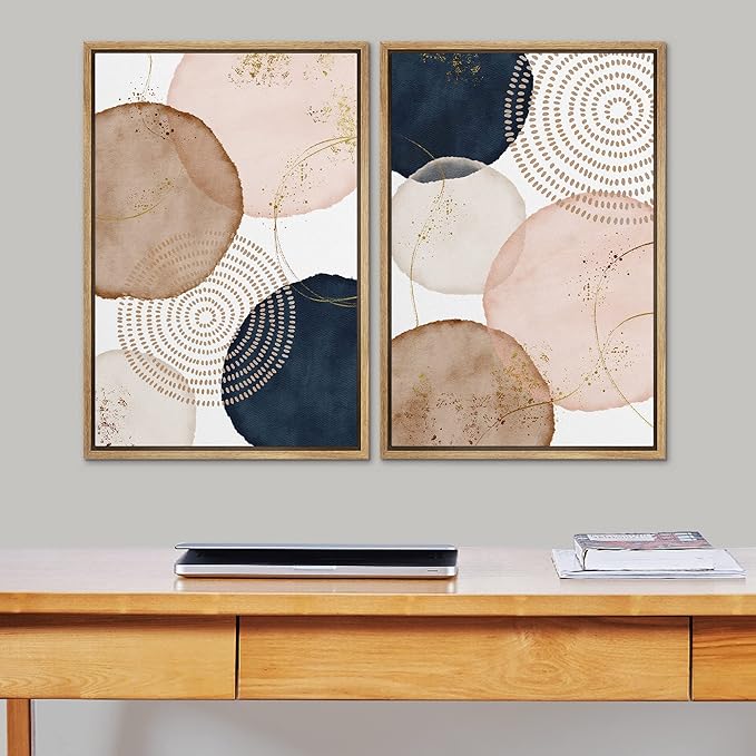 SIGNFORD Framed Wall Art Print Set Pastel Watercolor Vibrant Circle Collage Abstract Shapes Illustrations Modern Minimalist Relax/Calm Multicolor for Living Room, Bedroom, Office - 24"x36"x2 Natural
