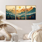 Tinonedraw Large Mountain Framed Canvas Wall Art Set of 3, Boho Nature Forest Wall Decor, Neutral Wooden Pine Trees Artwork, Sunrise Ridge Landscape Art Printing for Living Room Bedroom Office 24"x36"