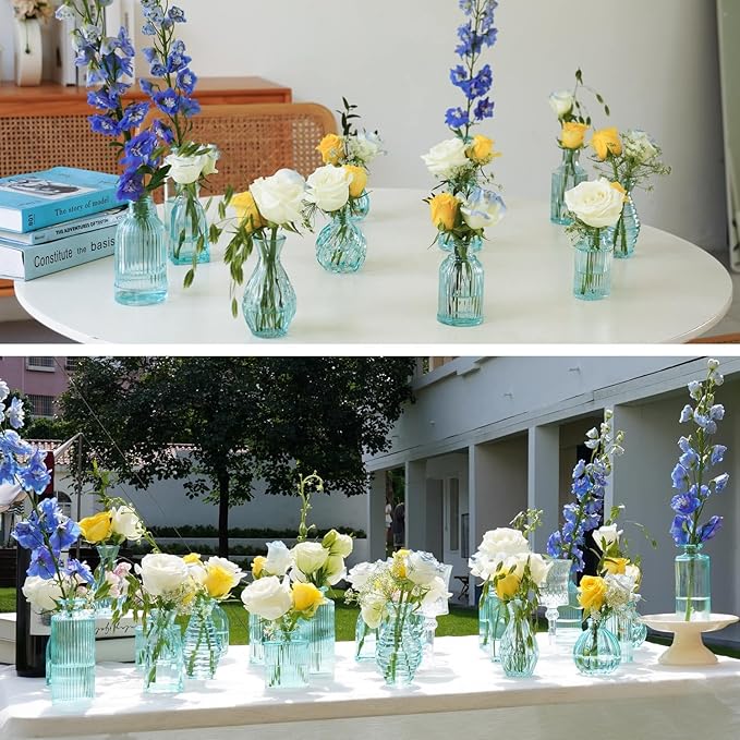 Bud Vases in Bulk 24, Blue Glass Vase, Small Vases for Flowers, Modern Ribbed Glass Bud Vase Wedding Flower Vase Blue Decor Baby Shower Party Centerpieces Home Room Table Decorations