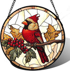 Stained Glass Window Hanging, Birds on a Branch Cardinal Sun Catchers Diamond Glass Panel Hangings Suncatcher Decor for Birthday for Women, Men, Wife, Aunt, and Mom 14.9x14.9 in