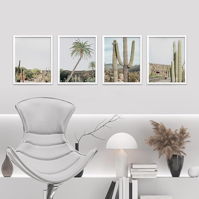 SIGNWIN Framed Tropical Palm Tree Saguaro Cactus Wall Art, Set of 4 Desert Landscape Wall Decor Prints, Nature Wilderness Wall Décor for Living Room, Bedroom - 8"x10"x 4 White