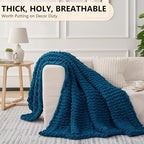 L'AGRATY Chunky Knit Throw: 60''x80'' Chenille Chunky Knitted Blanket for Bed, Couch - Handmade, Thick, Big Cable Knit Blanket - Blue