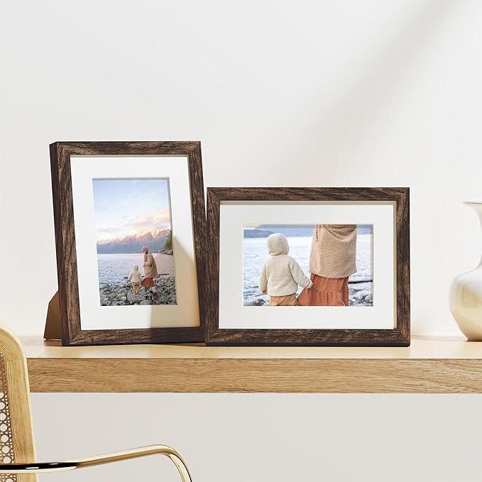 Vittanly 6x8 Picture Frames Set of 9, Shatter Resistant Plexiglass, Display 4x6 Pictures with Mat or 6x8 without Mat, Photo Frames for Wall or Tabletop, Engineered Wood, Brown