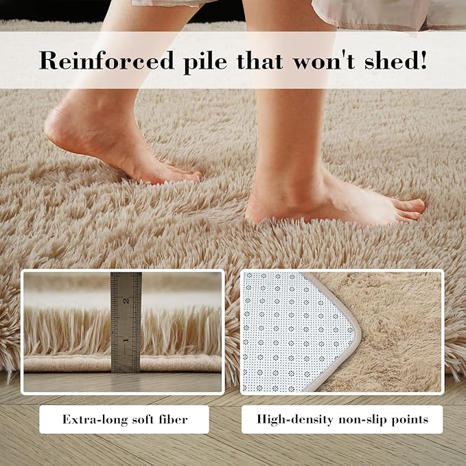 Fluffy Rug Shaggy Area Rug, Beige 10x14 Area Rugs for Bedroom, Super Soft Shaggy Rugs for Living Room Bedroom Kids Room Home Decor, Upgrade Anti-Skid Rectangular Fuzzy Rug