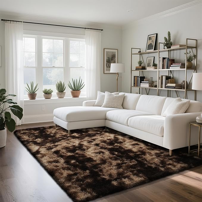 Fluffy Rug Shaggy Area Rug, Mottling Brown 5x8 Area Rugs for Bedroom, Small Bedside Rug, Soft Fluffy Shaggy Entryway Throw Rugs for Living Room Bedroom Kids Room Home Decor