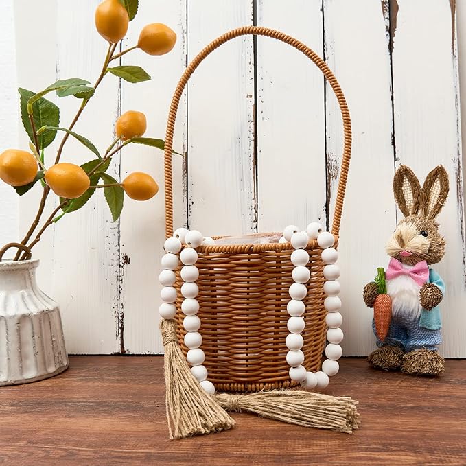OMISHE 59in Wood Bead Garland with Tassels, Decorative Beads, Farmhouse Wooden Beads Garland for Wall Hanging Home Festival Decor, White